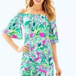 Lilly Pulitzer NWT Fawcett Dress Early Bloomer Print Floral Off- Shoulder Small
